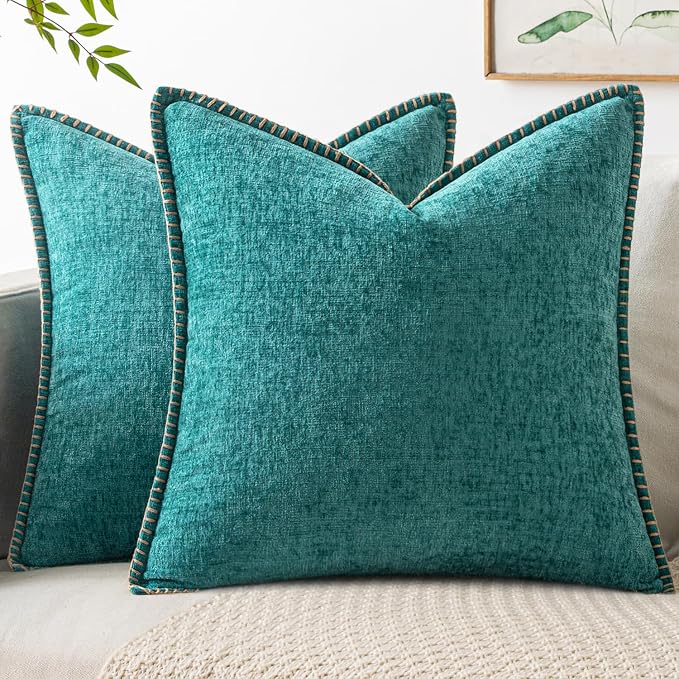 MIULEE Pack of 2 Couch Throw Pillow Covers 22x22 Inch Teal Farmhouse Decorative Pillow Covers with Stitched Edge Soft Chenille Solid Dyed Summer Pillow Covers for Sofa Bed Living Room