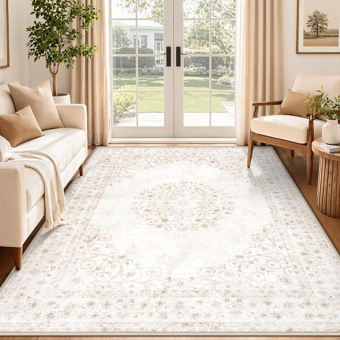Area Rug 5x7 Vintage Rug: Washable Indoor Medallion Rugs Low Pile Distressed Floor Carpet Retro Accent Rug for Living Room Bedroom Kitchen Dining Table Home Office(Distressed Beige, 5'x7')
