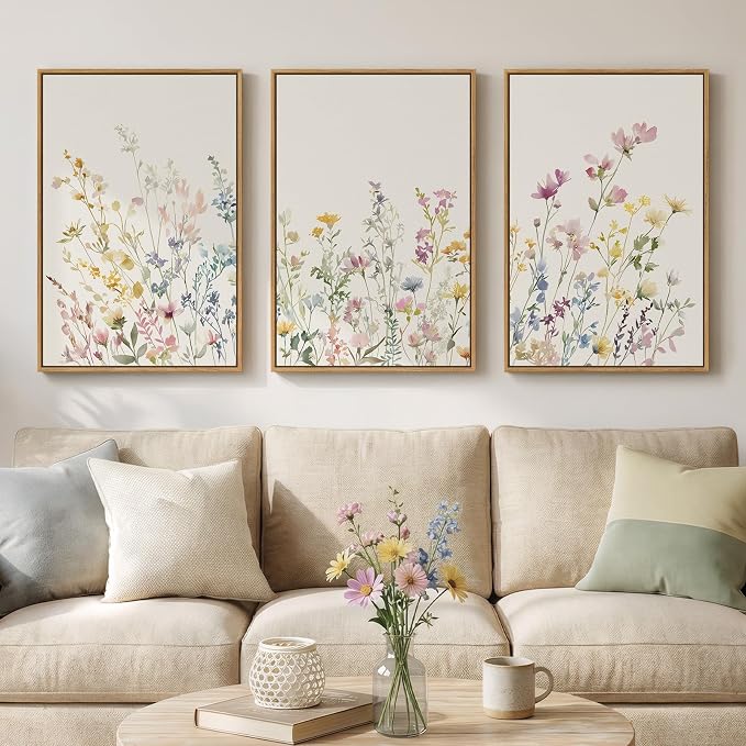 3 Piece Framed Watercolor Floral Canvas Wall Art for Bedroom, Large Botanical Wildflower Picture Prints Paintings, Pastel Farmhouse Flower Artwork Decor for Living Room Nursery Hallway 16x24 Inch
