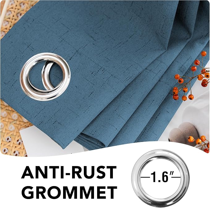 H.VERSAILTEX Linen Curtains 100% Blackout Curtains for Bedroom 90 inch Long Full Light Blocking Nature Linen Blended Window Curtains for Living Room Nickel Grommet (2 Panels, Blue Sapphire)