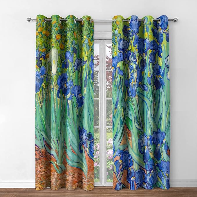 Jekeno Irises Blackout Curtains Blue and Purple Iris Flowers Floral Art Decor Home Bedroom Living Room Abstract Art Decoration Darkening Grommet Window Drapes 2 Panel Set, 42"x63"
