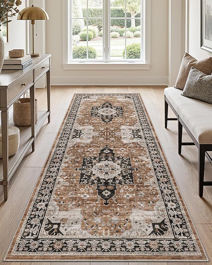 DEXI Hallway Washable Runner Rug 3x7, Vintage Farmhouse Thin Kitchen Runner with Non Slip Backing, Soft Entryway Floor Rug, Stain Resistant Distressed Carpet for Bedroom Living Room, Brown