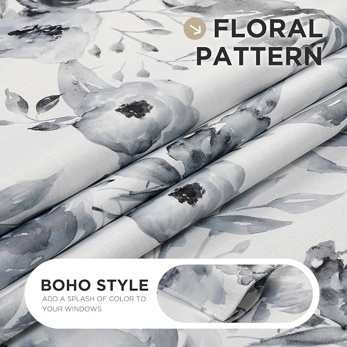 Joydeco Printed Curtains 96 inches Long,Gray Floral Blackout Curtains for Living Room 2 Panels,52 x 96 inch Rod Pocket Thermal Insulated Bohemian Drapes for Farmhouse,Bedroom,White