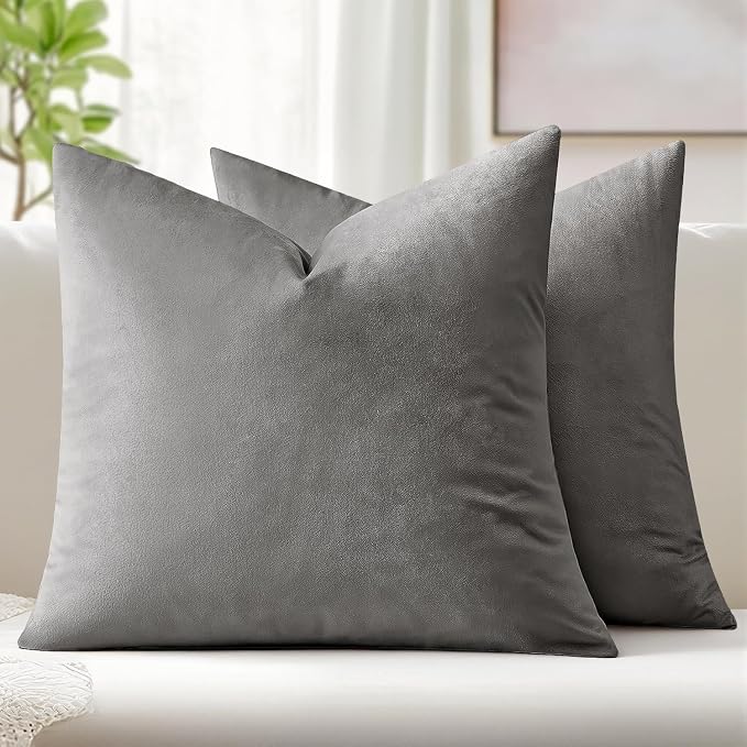 MIULEE 24x24 Inch Euro Sham Velvet Pillow Covers, Set of 2 Large Square Decorative Pillows -Grey Super Soft for King Bed, Sofa, Couch, Accent Chairs with Hidden Zipper