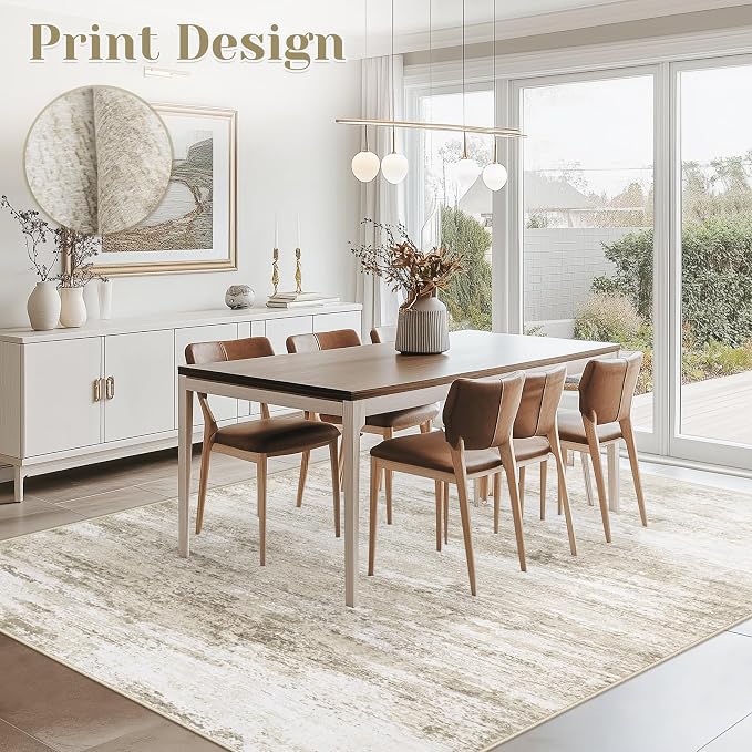 Washable Rug 5x7 Area Rugs for Living Room: Neutral Soft Rug Abstract Non Slip Low Pile Modern Carpet for Bedroom Kitchen Nursery Office Dining Room Indoor (Beige, 5'x7')