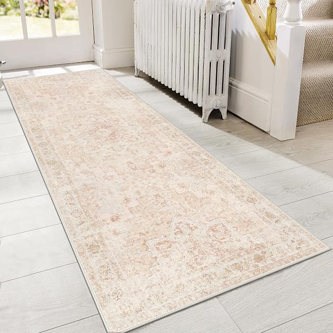 GENIMO 2x6 Runner Rugs for Hallway, Machine Washable Non Slip Vintage Rugs, Low Pile Lightweight Soft Print Rug for enrtyway, Corridor, Home, Office, Kitchen, Light Pink