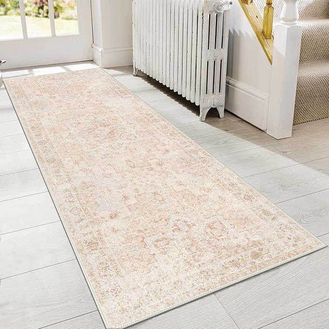 GENIMO Runner Rug 2'6"x10 Machine Washable Non Slip Vintage Hallway Runner Rug, Low Pile Lightweight Rugs for Indoor Entryway, Hallway, Kitchen and Corridor, Light Pink