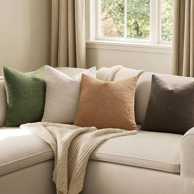 MIULEE Pack of 4 Decorative Textured Boucle Throw Pillow Covers | 18x18 Inch Green Brown Accent Pillow Cases Soft Couch Cushion Covers Modern Farmhouse Boho Sofa Bed Livingroom Home Decor