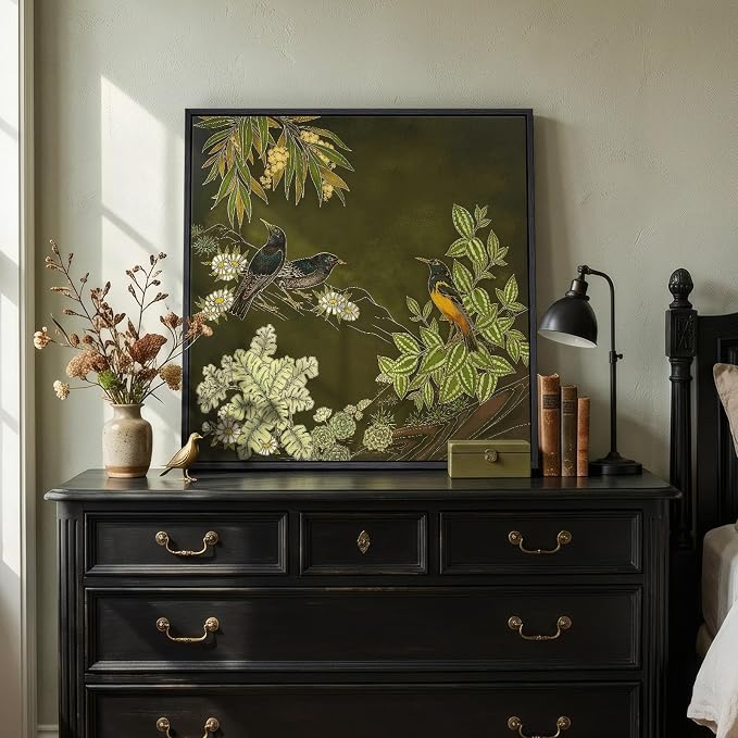 Framed Green Wall Art, Vintage Botanical Flower Bird Nature Canvas Prints Paintings for Walls, Rustic Olive Green Square Pictures Wall Decor for Living Room Bedroom Dining Room Bathroom, 24x24 In