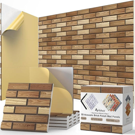 12Pack Acoustic Panels, Self-Adhesive 3D Brick Pattern Sound Proof Panels for Walls, High Density Decorative Acoustic Foam, Sound Proofing for Recording Studios, 12"×12"×0.4", Faux Wood Grain Print