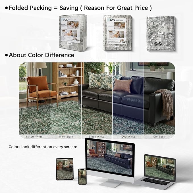 DCX Green 5x7 Rug, Kid & Pet Friendly with Rubber Back Non Slip, Machine Washable Stain Resistant Vintage Traditional Distressed Carpet, Rug for Living Room, Bedroom, Neutral Home Decor