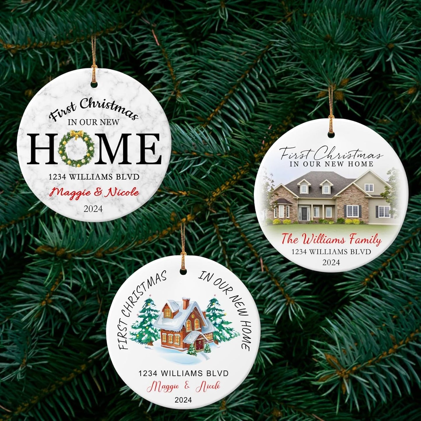 Personalized New Home Ornament 2025 w/Name & Address, Custom First Christmas in Our New Home Ornaments,Double-Sided Ceramic Customized New House Xmas Ornaments