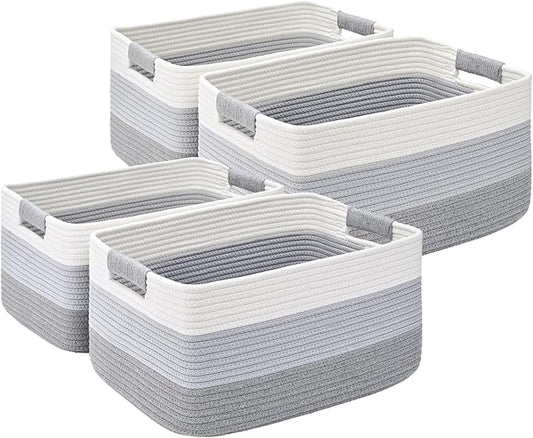 4 Pack Large Storage Basket for Organizing, 17.5"x13"x7" Woven Basket for Shelves, Closet Cube Storage Bins with Wrapped Handle, Cotton Rope Baskets for Kitchen, Clothes, Toys(Gradient Grey)