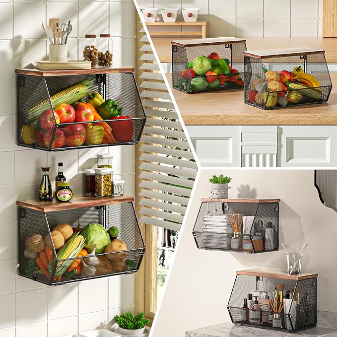 Stackable Fruit Basket for Kitchen Countertop Space Saving, Wall Mounted Mesh Metal Wire Basket with Wood Lid Extra Storage, 2 Pack Kitchen Counter Organizer for Snack, Onion and Potato Storage, White
