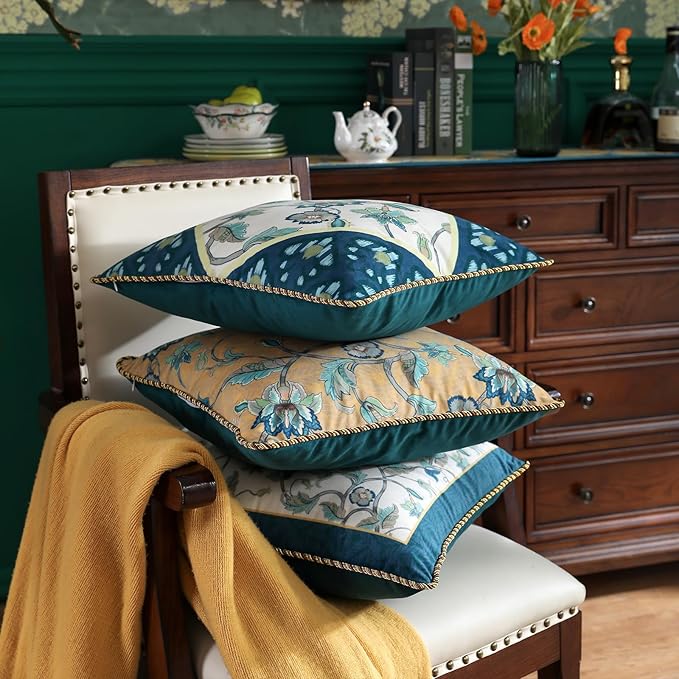 patdrea Designer Throw Pillow Covers 18x18 Inch,Green Classy Velvet Faux Embroidery Vine Floral Collection Pattern,Decorative Square Pillowcases Cushion for Bed Living Room Outdoor Car,Pack of 4