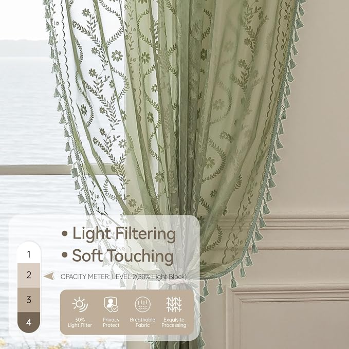WAZZIO Boho Lace Curtains 2 Panels 96 Inch -Vintage Victorian Sheer Panel Drape French Country Floral Pattern & Tassel Light Filtering Privacy for Bedroom Dining Living Room,Light Sage Green,W52x L96