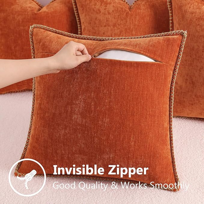 decorUhome Set of 4 Throw Pillow Covers 18x18 Inch Decorative Soft Chenille Pillow Covers Farmhouse Neutral Cushion Covers with Stitched Edge for Couch Sofa Bed Living Room, Burnt Orange