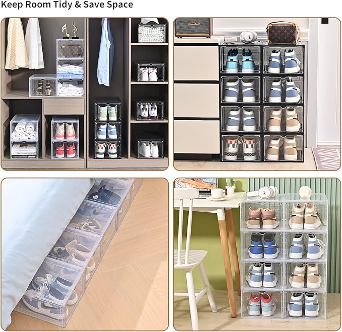 KEFA XL Shoe Storage Box, 6 Pack Clear Plastic Stackable Organizer, Fits US 15