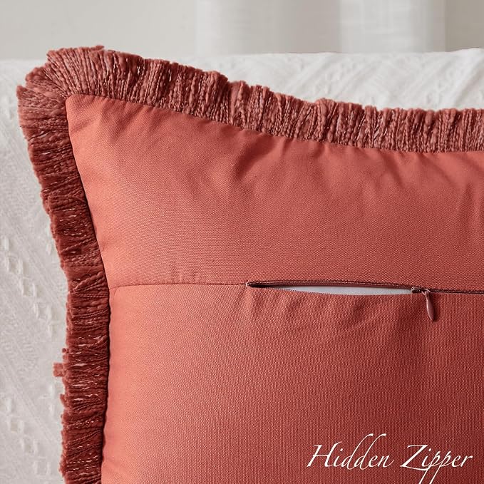 Kevin Textile 12x20 Inch Lumbar Pillow Cover 1 Pack Boho Fringe Decorative Rectangle Cushion Case with Tassels Neutral Cotton Woven Textured Farmhouse for Living Room Couch Sofa Bed, Burnt Brick