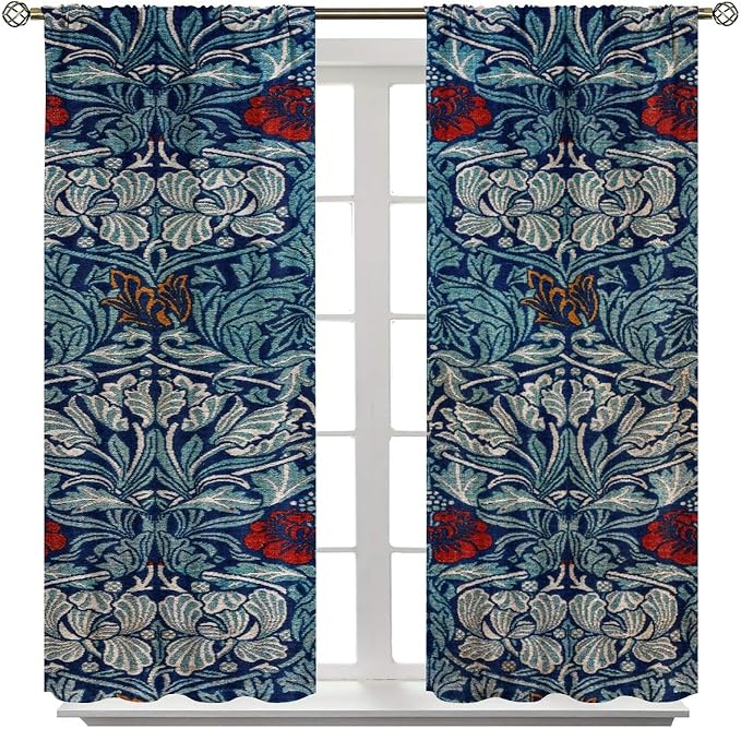 Bohemian William Morris Retro Plant Floral Blackout Window Curtains, Flower Vintage Country Farmhouse Art Window Drapes, for Bedroom Living Room 21(W)*54(L) 2 Panels