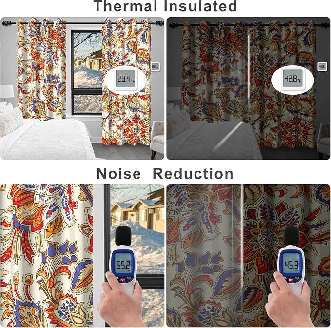 Boho Blackout Curtains for Bedroom and Living Room, Bohemian Floral Black Out Curtains 84 Inch Long, Light Filtering Soundproof Bedroom Curtains 2 Panel Sets, Room Darkening Curtains with Tiebacks
