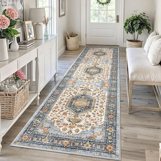 KUTA Vintage Runners for Hallways 2.6x10 Non-Slip, Ivory Blue Washable Kitchen Rug Ultra Soft Printed Traditional Medallion Floor Carpet for Bedroom Living Room