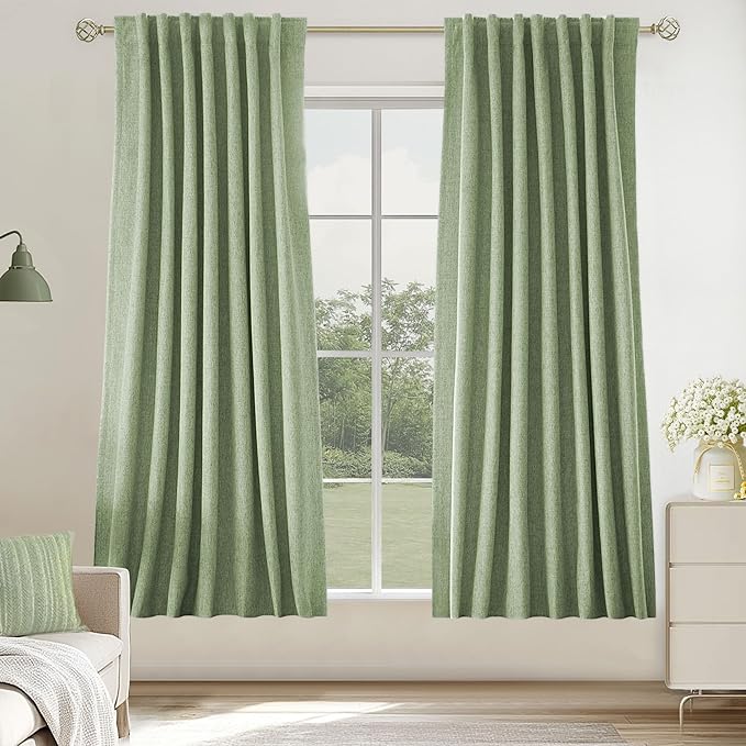 UHITECH Linen Blackout Curtains for Bedroom 63 Inches Long 2 Panels Set Curtain Linen 100% Blackout for Living Room Darkening Drapes Thermal (Sage Green, 52W x 63L)