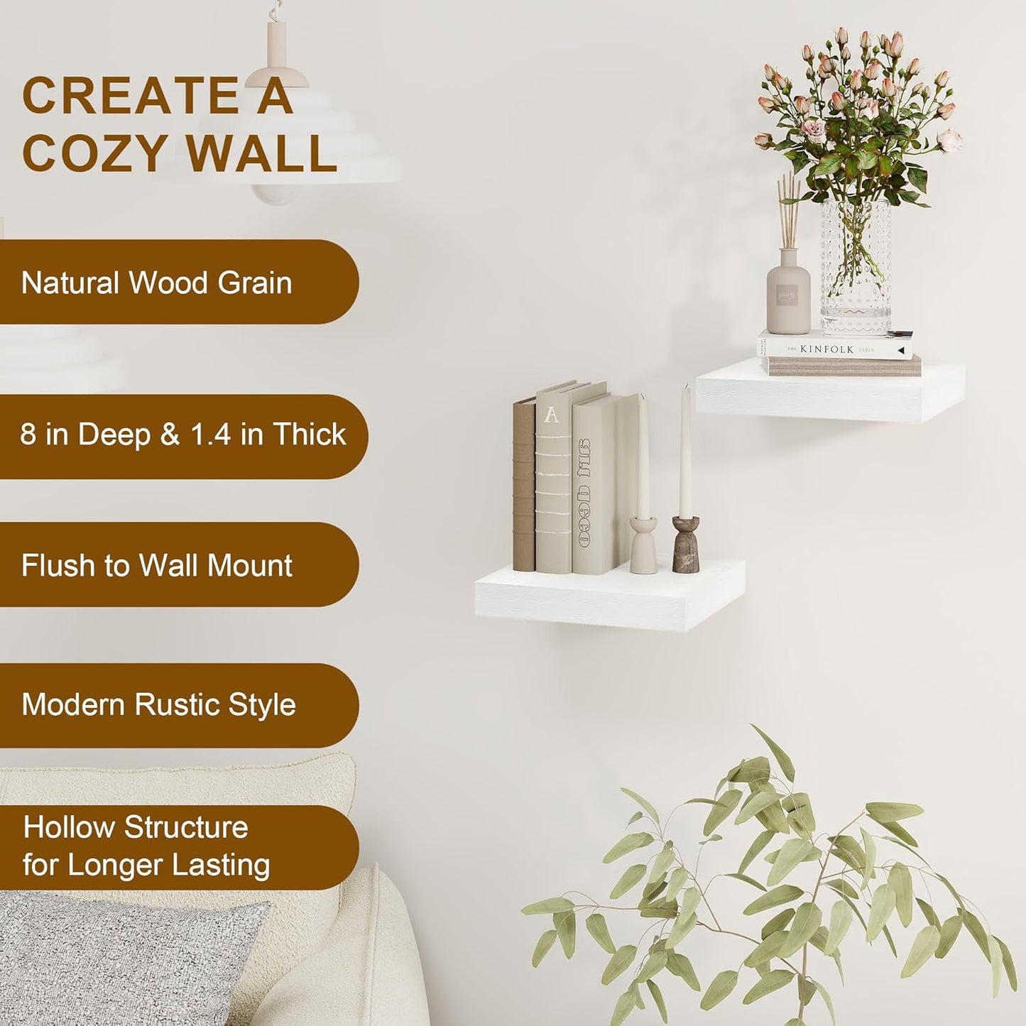 8 Inch Deep Floating Shelves White, Rustic Wood Floating Shelf for Home Decor, 8 x 8 Inch Square Wall Shelves, Wooden Storage & Display Shelves for Kitchen, Bathroom, Living Room, Set of 2