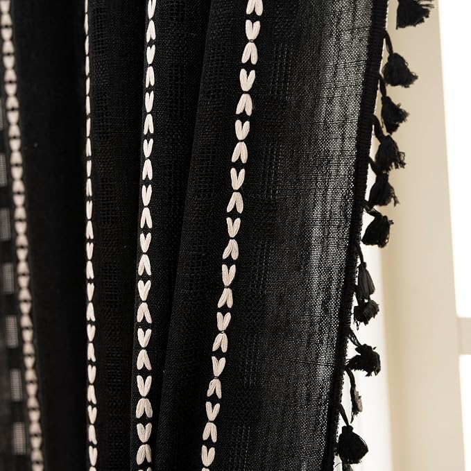 Deeprove Black Boho Curtain 84 inches Length for Living Room Bedroom Nursery, Bohemian 84 inches Long, Mid Century Western Embroidery Textured Halloween Privacy Window Trim Decor W52 x L84, 1 Panel