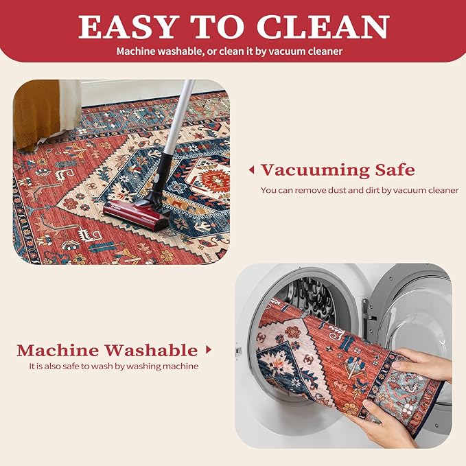 SERISSA Boho Area Rugs for Entryway, 3x4 Washable Non-Slip Kitchen Rug, Ultra Soft Print Distressed Rust Rug Low-Pile Throw Door Mat Indoor Entrance Carpet for Bedroom Living Room Dorm Decor