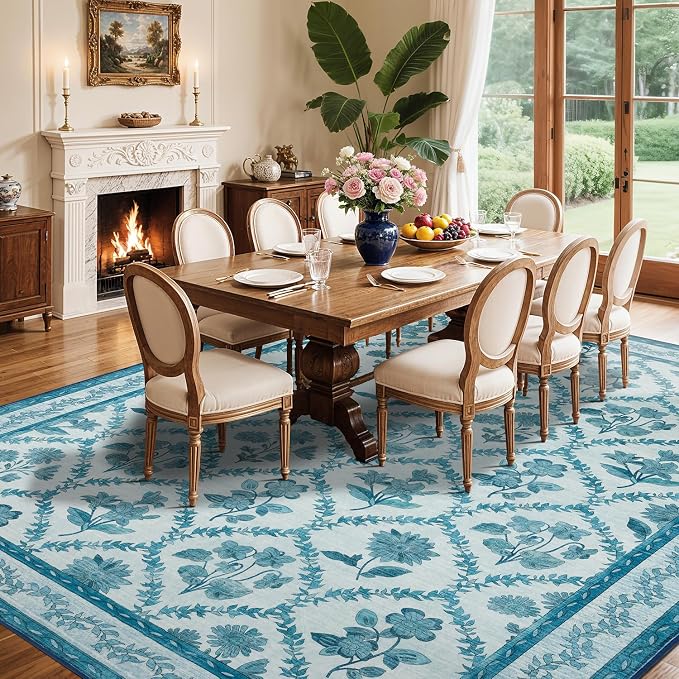 LIANLAM Checkered Rug 8x10 Area Rugs for Living Room - Stain Resistant & Non-Slip Backing Vintage Boho Floral Design Rug for Bedroom,Durable & Ultra-Thin Large Washable Area Rug(8x10,Blue)