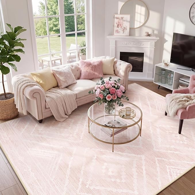 BESTSWEETIE Area Rug 6x9 Rug Machine Washable Non-Slip Low Pile Print Pattern Western Rug for Living Room Bedroom Entryway Tribal Series -Light Pink/Cream