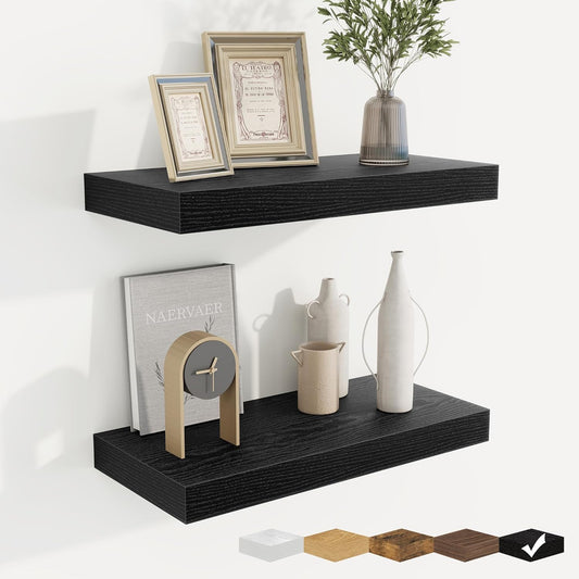 fuqing Floating Shelves for Wall, Bathroom Shelf Wall Mounted for Storage, Shelves with Invisible Bracket for Bedroom, Kitchen, Living Room, Farmhouse Small Book Shelf, 16 Inch Set of 2, Black