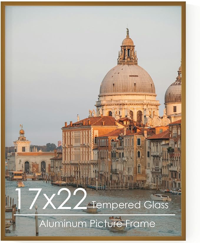 17x22 Metal Picture Frame, Aluminum Poster Frame with Real Glass, Bronze | Warm Bronze 22x17 Frame with Tempered Glass for Wall Display, Certificates, Art & Photos | Wall Kit Included