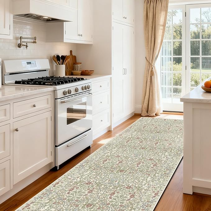 Washable 2'6" x 8' Runners for Hallways, Non Slip Long Floor Runner for Kitchen, Entryway Indoor, Stain Resistant Rubber Backing Floral Decor Rug (Light Green)