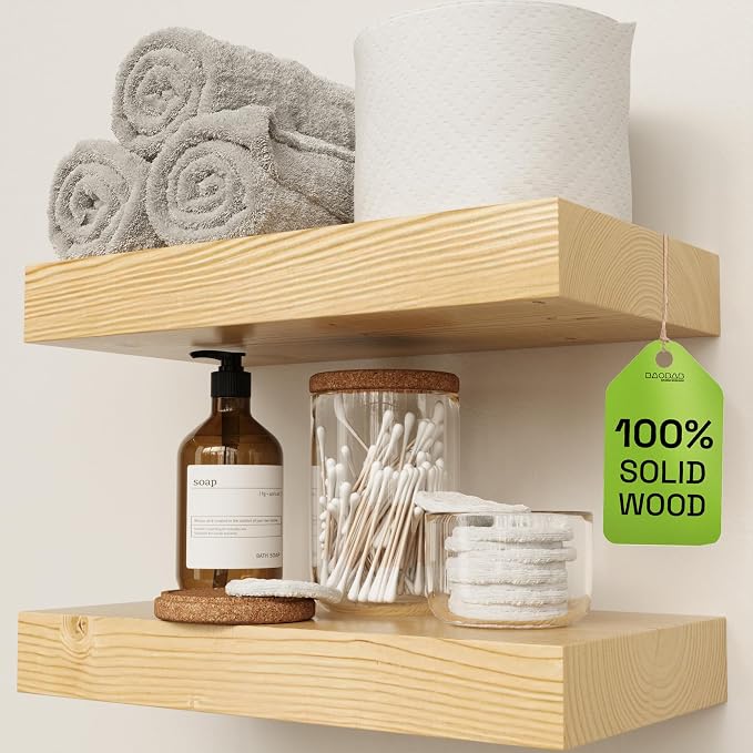 Wood Floating Shelves for Wall 12 Inch, Natural Wood, Small Wooden Shelf | Solid Wood, Wall Mounted, Bathroom Kitchen Bedroom Rustic Farmhouse, Light Oak Finish, 12W × 6.7D, Set of 2