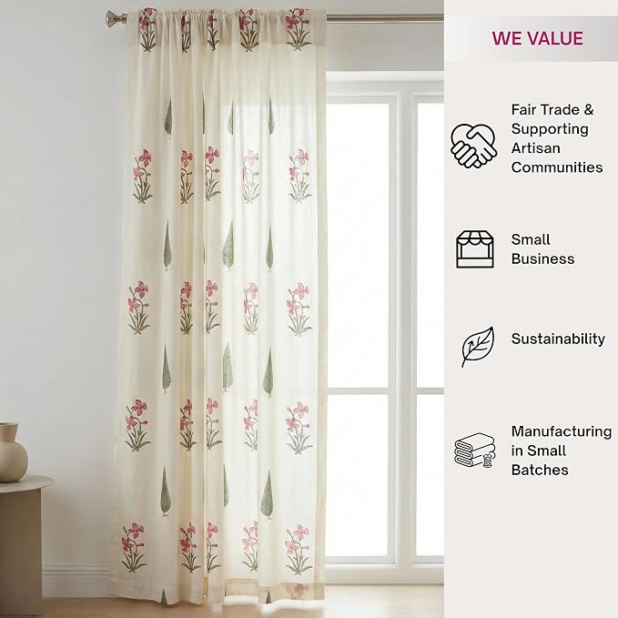 ATOSII 100% Cotton Single Panel Block Print Curtain, Easy Hanging with Rod Pocket & Loop, Living Room, Dining Room, Bedroom Light Filtering Boho Curtains, Set of 1, 60" W X 96" L, Cypress