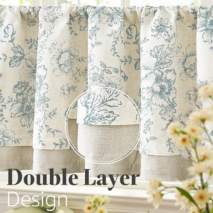 jinchan Linen Kitchen Curtain 36 Inch French Floral Double Layer Curtain Farmhouse Vintage Tier Drape Rustic Half Window Curtain for Living Room Window Treatment Rod Pocket 1 Panel Blue on Beige