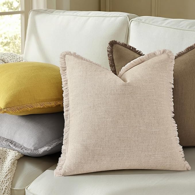 decorUhome Summer Decorative Neutral Linen Fringe Throw Pillow Covers Set of 2 Mustard Yellow Pillow Covers with Tassels Soft Farmhouse Boho Accent Pillow Cases for Couch Bed Sofa 18x18 Inch