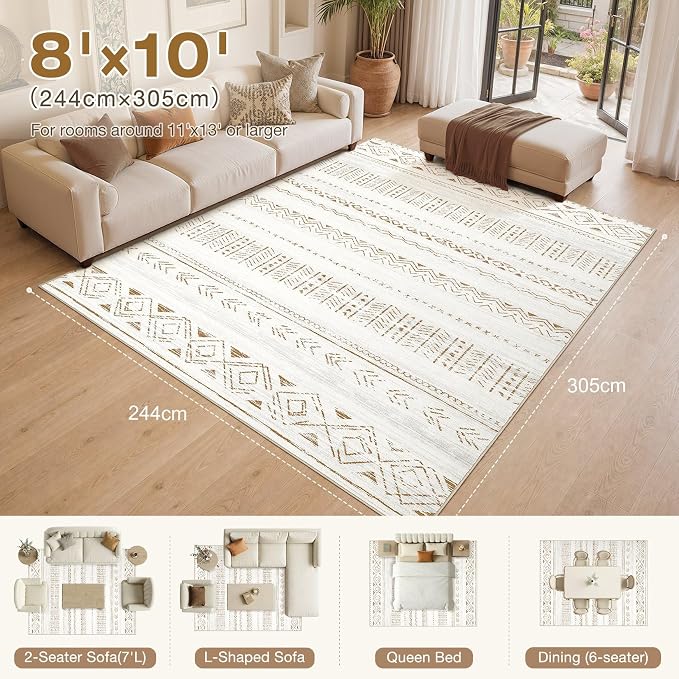 cotiled 8x10 Area Rugs Living Room Rug: Washable Boho Rugs with Non Slip Backing Large Soft Indoor Stain Resistant Carpet for Bedroom Farmhouse Dining Room Lightweight Home Decor L Brown/Cream