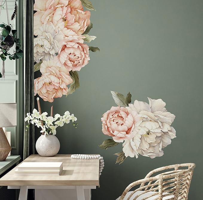 Peony Wall Decal for Bedroom Kids Room Floral Wall Sticker Watercolor Floral Removable Peel and Stick For Girls Peonies Wall Decals Childroom Livingroom