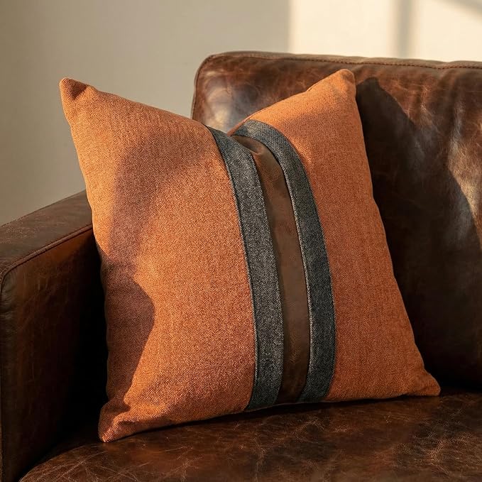 Set of 2 Leather Throw Pillow Covers Cotton Linen Decor Patchwork Pillow Cover Faux Leather Pillows Cover for Couch Sofa Living Room Bedroom,Orange 18"x18"