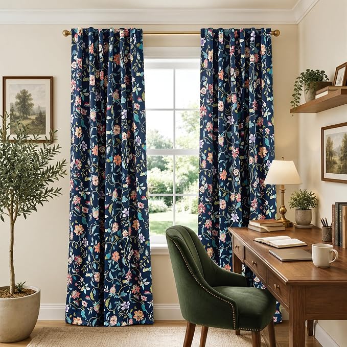 jinchan Hattie Dark Blue Floral Blackout Curtains 96 Inch Length – Room Darkening Drapes for Bedroom, Home Office & Study, Elegant Vintage Floral, Cozy Light Blocking, Set of 2 Panels Back Tab