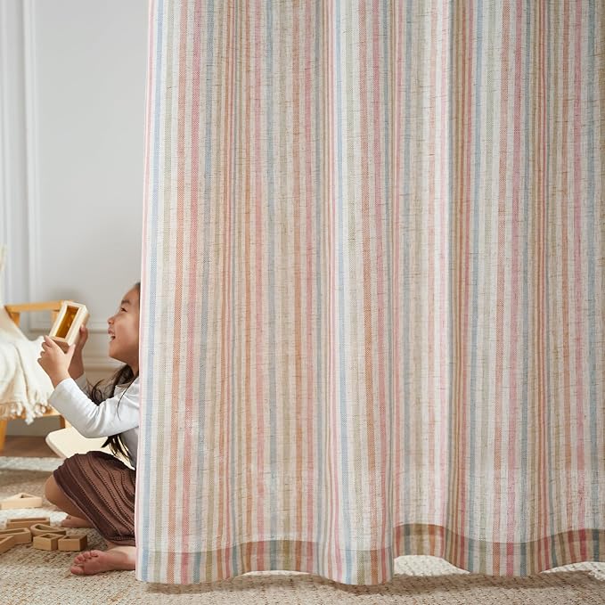 jinchan Linen Curtains for Living Room, Candy Striped Curtains 96 inch Length for Baby Girls Kids Room, Ticking Stripe Pattern Light Filtering Nursery Drapes, grommet Window Treatments, 2 Panels Candy