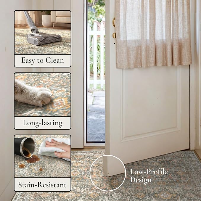 GENIMO 9x12 Area Rugs for Living Room, Machine Washable Non Slip Vintage Rugs, Low Pile Lightweight Chenille Print Rug for Bedroom, Dining Room, Home Office, Turmeric