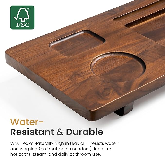 Teak Bathtub Tray for Freestanding Bath, 39" Extra Thick Adjustable Spa Caddy - Non-Slip Anti-Tip Wood Organizer for iPad, Wine & Book - Rich Walnut Brown Finish, Perfect Self-Care Gift