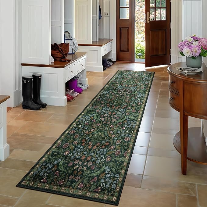 2.6x8 Machine Washable Runner Rug, Kitchen Hallway Area Rug Green Vintage Boho Floral Ultra Non-Slip Low Pile Soft Faux Wool Carpet Kids and Pets Friendly for Bedroom Entryway Nursery Decor Rug