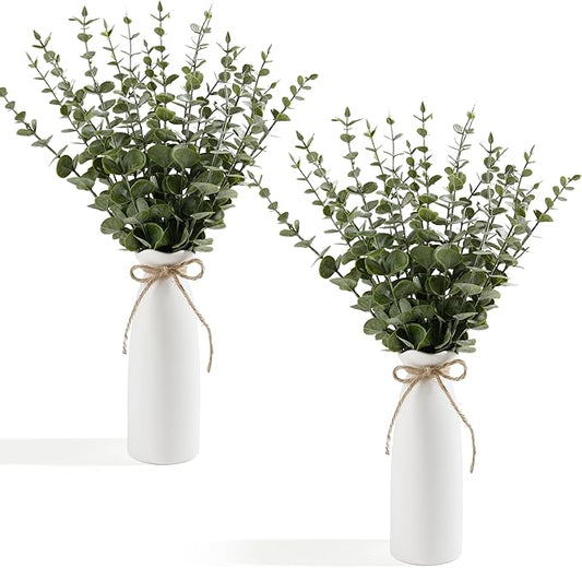 19" Fake Plants with Vase,40 Faux Eucalyptus Stems 2 White Ceramic Vases Realistic Artificial Plants indoor Artificial Greenery Stems in Vases for Centerpieces Bathroom Bedroom Modern Farmhouse Decor