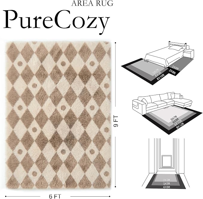 PureCozy Brown 6x9 Area Rug for Living Room Washable Non Slip Neutral Soft Bedroom Checkered Carpet Colorful Fluffy Modern Shag Fuzzy Indoor Large Aesthetic Bedroom Home Office Playroom Nursery
