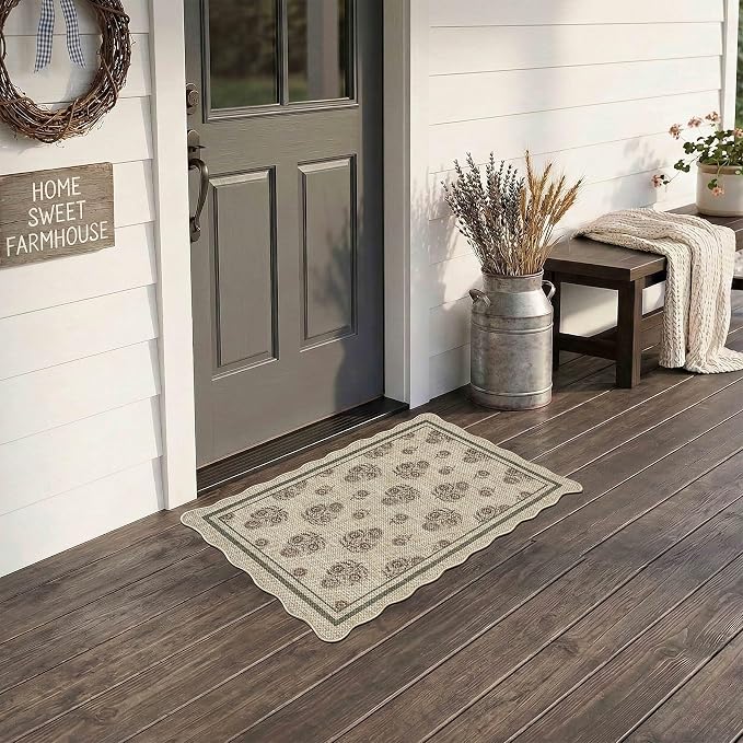 ORTIGIA Scalloped Easy Jute 2x3 Area Rug Vintage Brown Floral Accent Farmhouse Washable Rug Non-Slip Indoor Outdoor Carpet for Living Room Bedroom Kitchen Patio Entryway